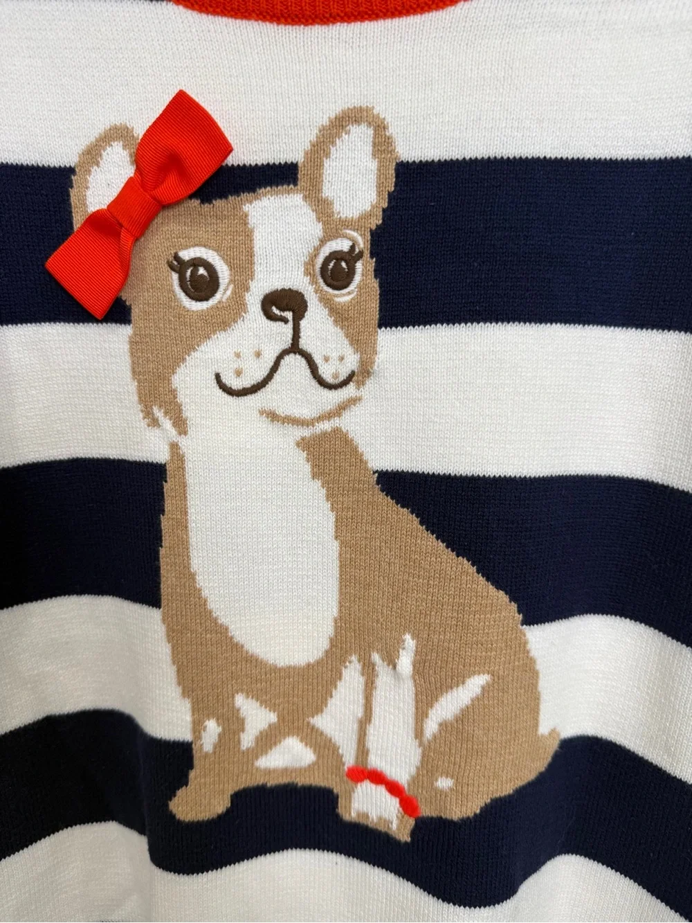 Gymboree Navy & White Striped Sweater with Dog Intarsia and Red Trim